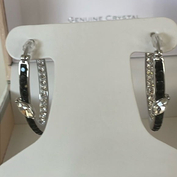 Chrystina Genuine Crystal Earrings Hoop Black Silver Sparkly NIB - Picture 2 of 6